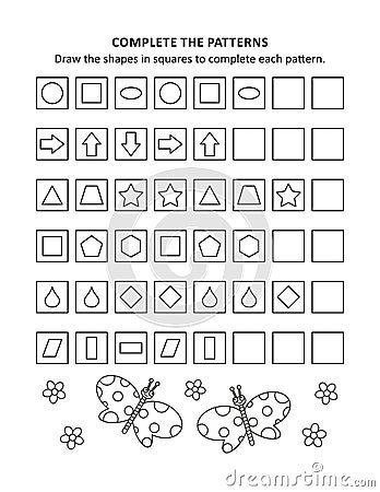 Math worksheet for kids with patterns and shapes Vector Illustration